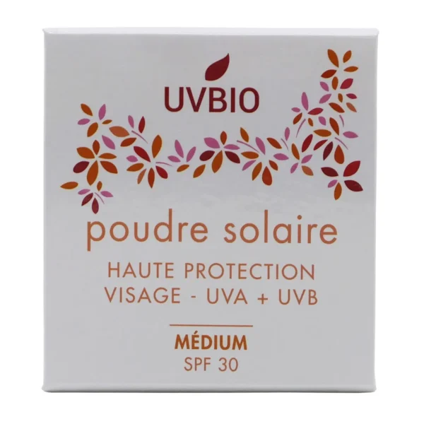 Geniet van een natuurlijke zonbescherming met UVBIO Sun Powder (Medium) SPF 30 Bio: een biologische, vegan poeder voor een gezonde gloed.